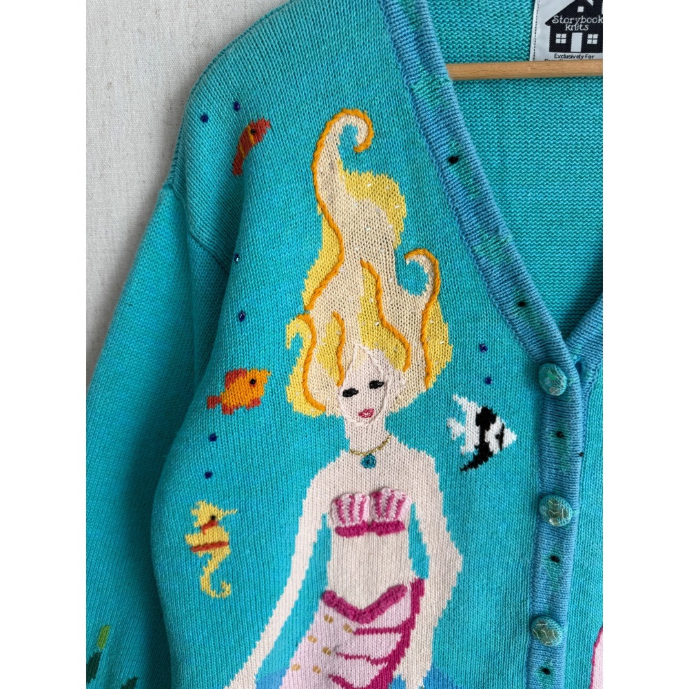 Storybook Knits Mermaid Cardigan Teal Blue Beaded Embroidered Novelty Sweater 1X - Picture 3 of 6